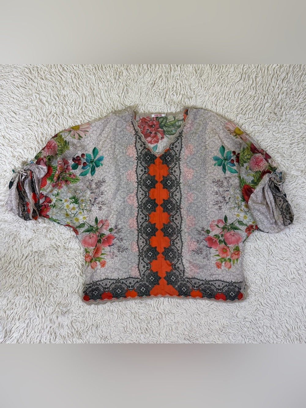 Johnny Was Silk Floral Crochet Scalloped Tunic Top